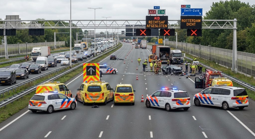 Snelweg A13 richting Rotterdam bij Delft volledig afgesloten na ongeval