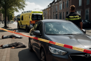 AI-illustratie bij: Concept: Auto & Mobiliteit — Twee doden en 35 gewonden bij grote schietpartij op