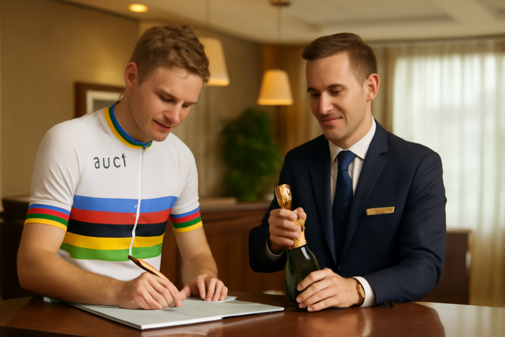 AI-illustratie bij: Concept: Reizen — Eerst handtekeningen aan hotel, nadien laat hij champagnekurken knallen: