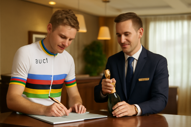 AI-illustratie bij: Concept: Reizen — Eerst handtekeningen aan hotel, nadien laat hij champagnekurken knallen: