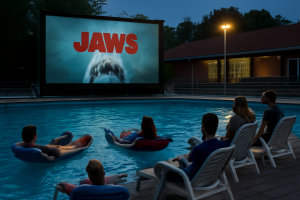 AI-illustratie bij: Unieke filmervaring: Jaws vertoond in zwembad van Kapermolen