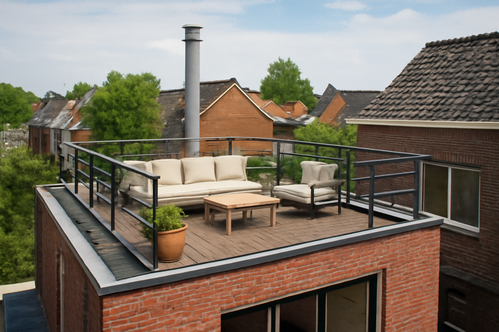 AI-illustratie bij: Belangrijke aandachtspunten bij het aanleggen van een dakterras op een woning