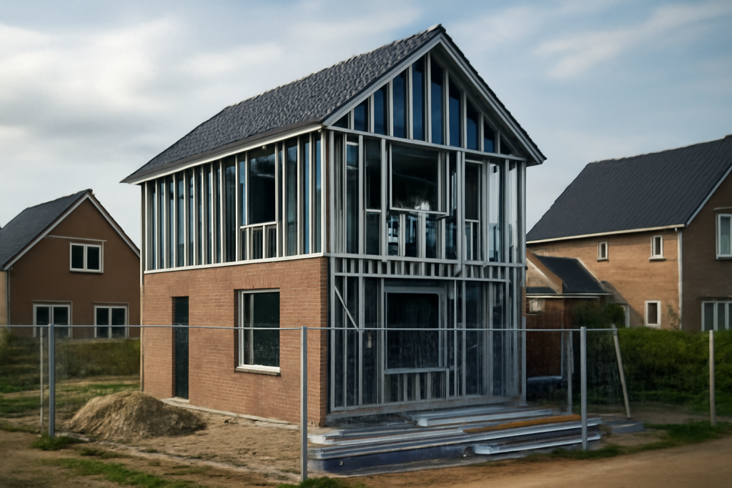 AI-illustratie bij: Kenmerken en aandachtspunten van staalframebouw in de woningmarkt