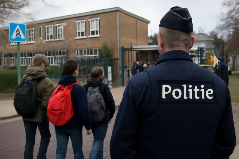 AI-illustratie bij: Extra politiecontroles bij scholen in Aalst na online bedreigingen