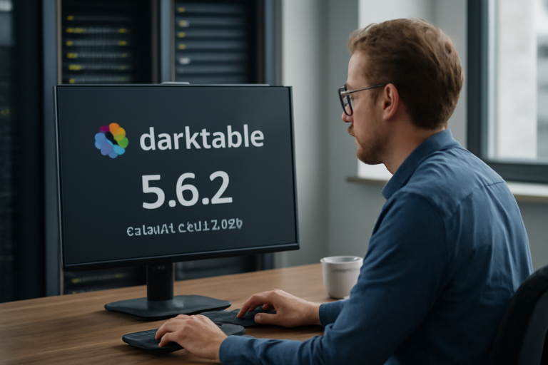 AI-illustratie bij: Concept: Technologie & Hosting — Software-update - Darktable 5.6.2