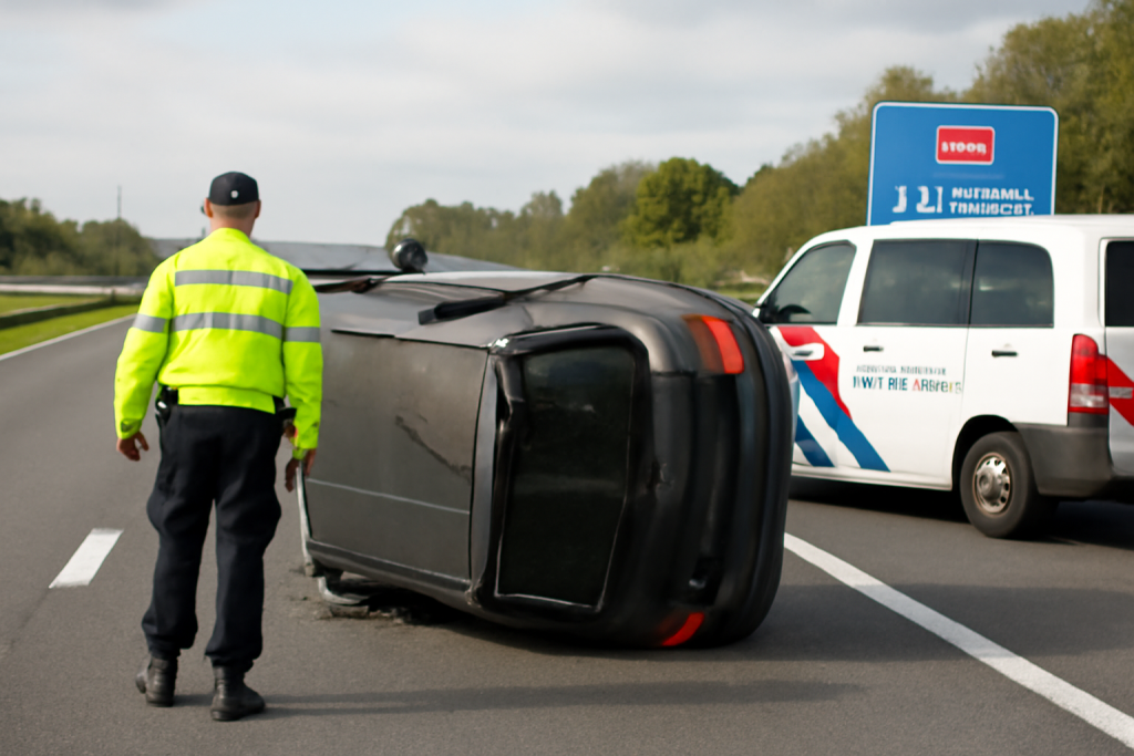 AI-illustratie bij: Auto op zijn kant op A16 bij Dordrecht, bestuurder aangehouden